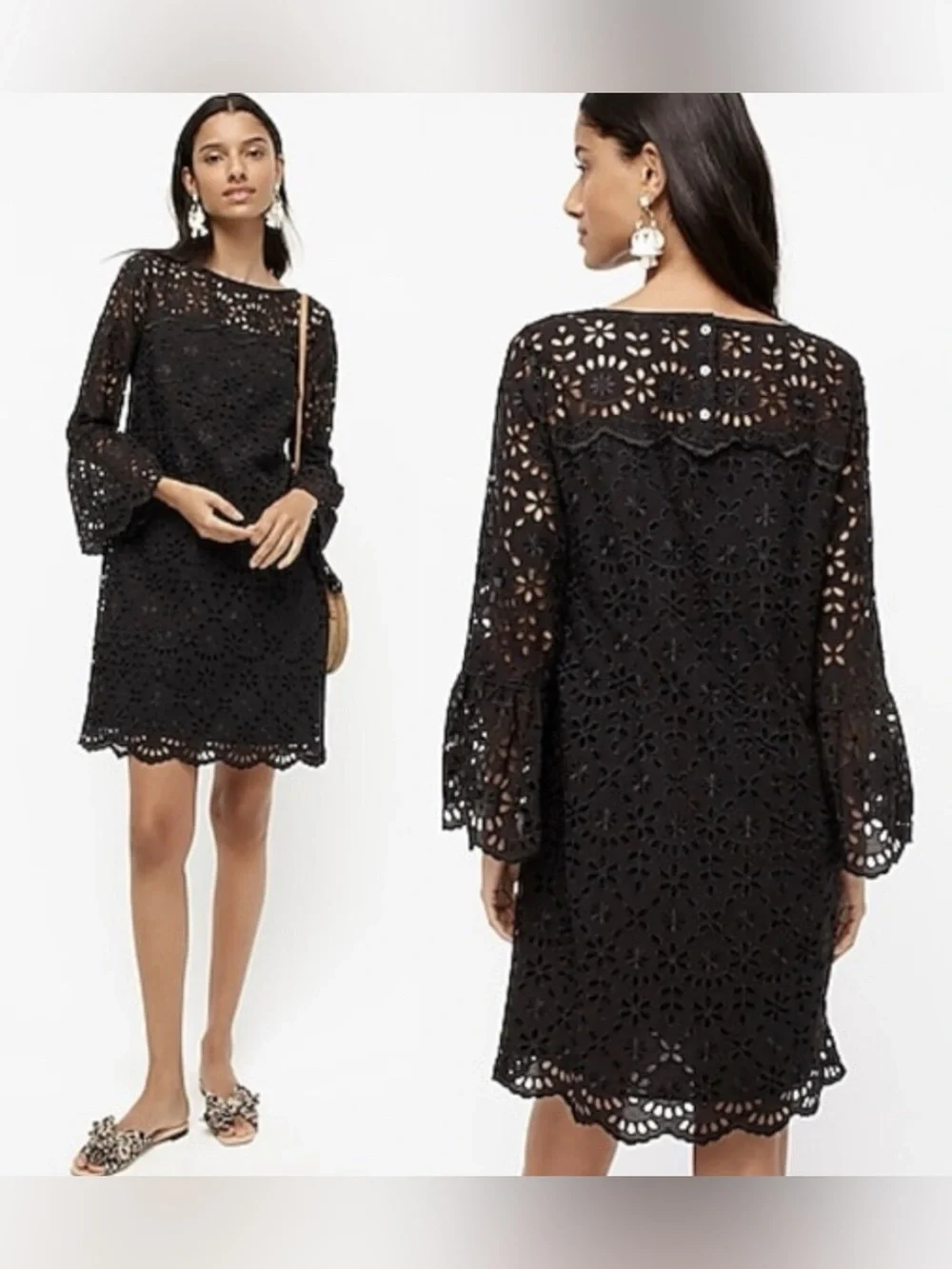J.Crew Bell-sleeve Dress in Embroidered Eyelet size 2 black